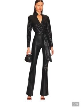 Alice + Olivia Evita Black Faux-Leather Flare Wrap Jumpsuit Size 2